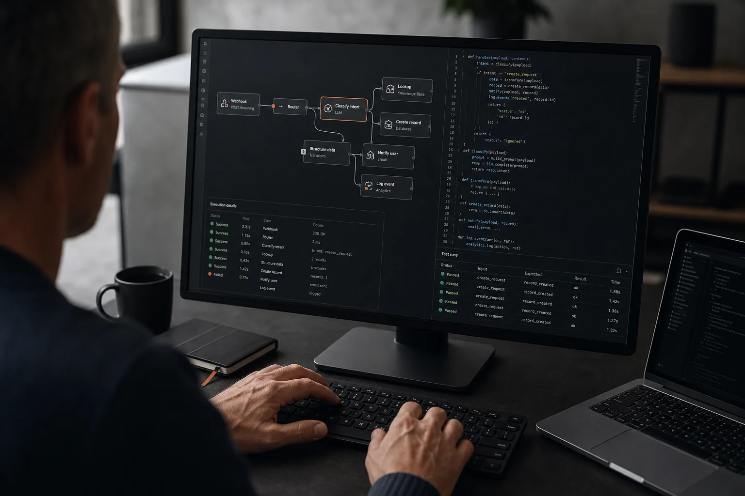 Engineer building and testing an AI workflow on a production workstation
