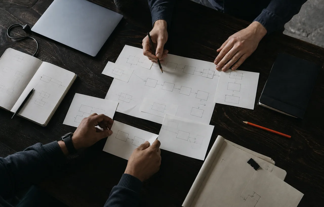 Representative workflow-mapping session with engineers arranging a business process on paper