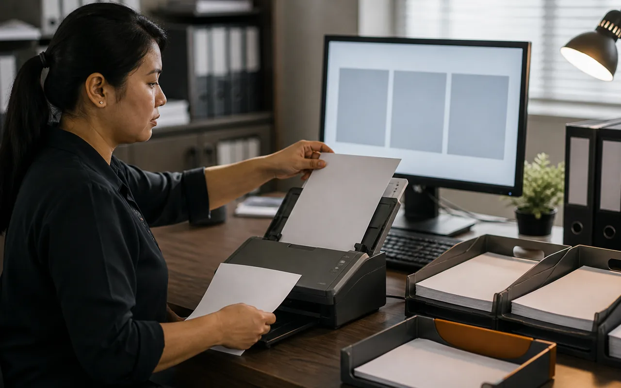 Representative administrative document handling with scanning and sorted trays