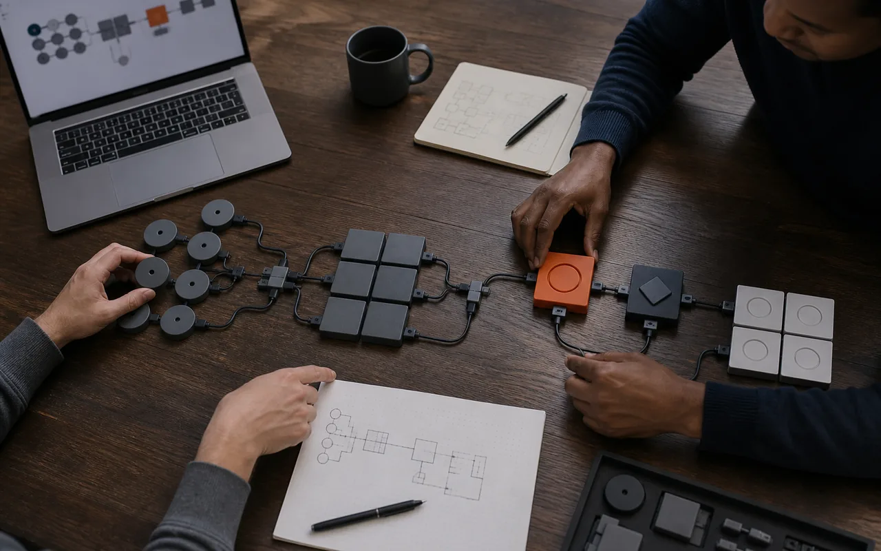 Conceptual modular orchestration workflow assembled from connected components