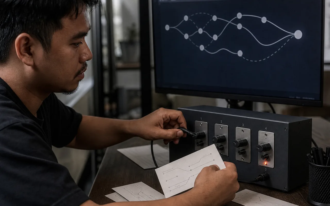 Conceptual model-routing visualization with a four-channel selection panel