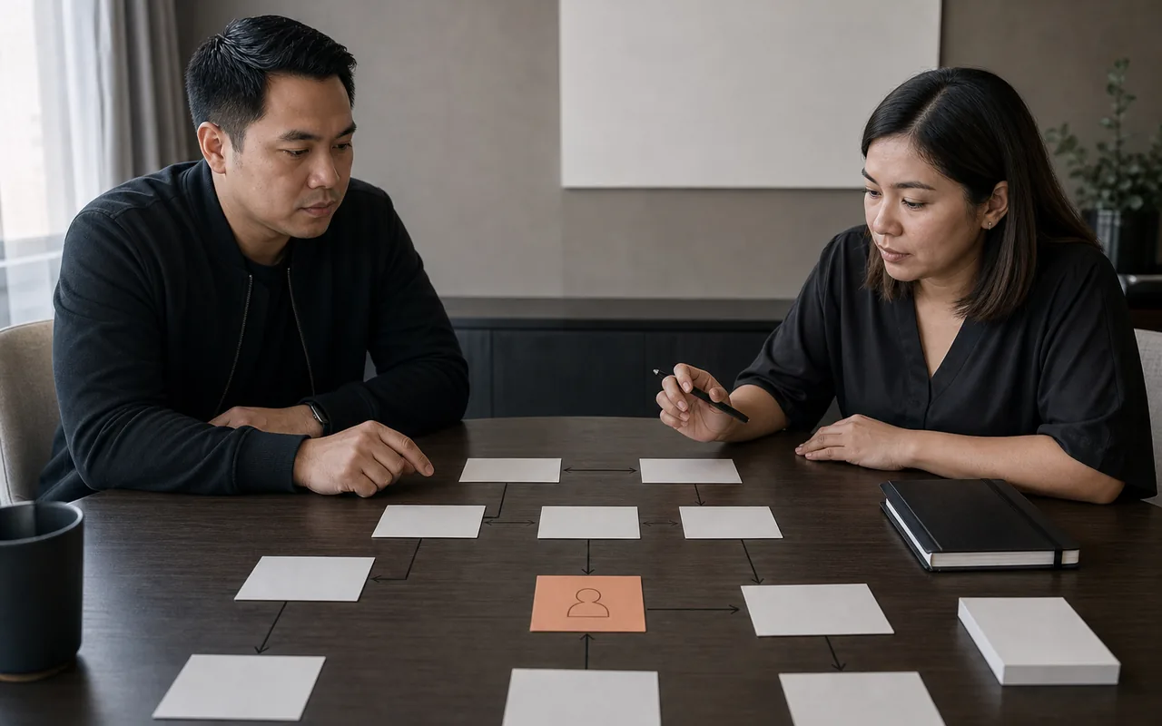 Representative service-process design with a human review checkpoint