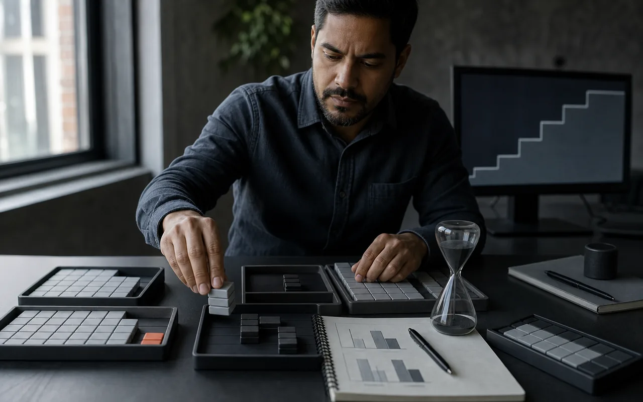 Conceptual capacity-allocation exercise with modular blocks and an hourglass