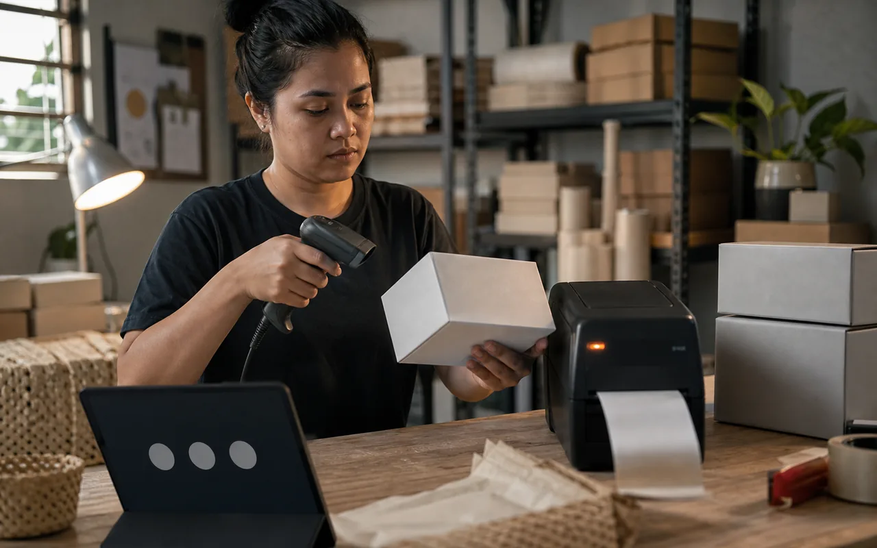 Representative micro-business order fulfillment workflow with barcode scanning and label printing