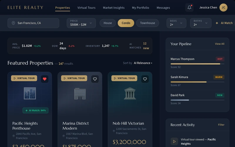 Representative real estate listings and lead pipeline interface